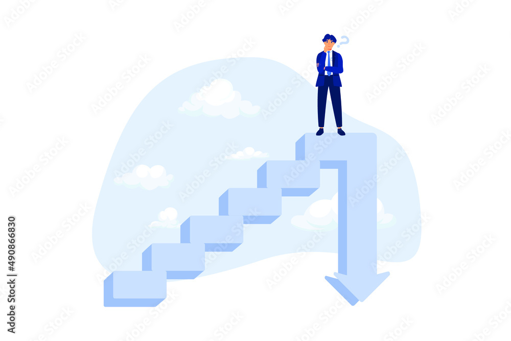 Stock market decline in crisis or bubble burst, investment or economic recession, career dead end or financial risk concept, frustrated businessman investor climb up stair with arrow down on top.