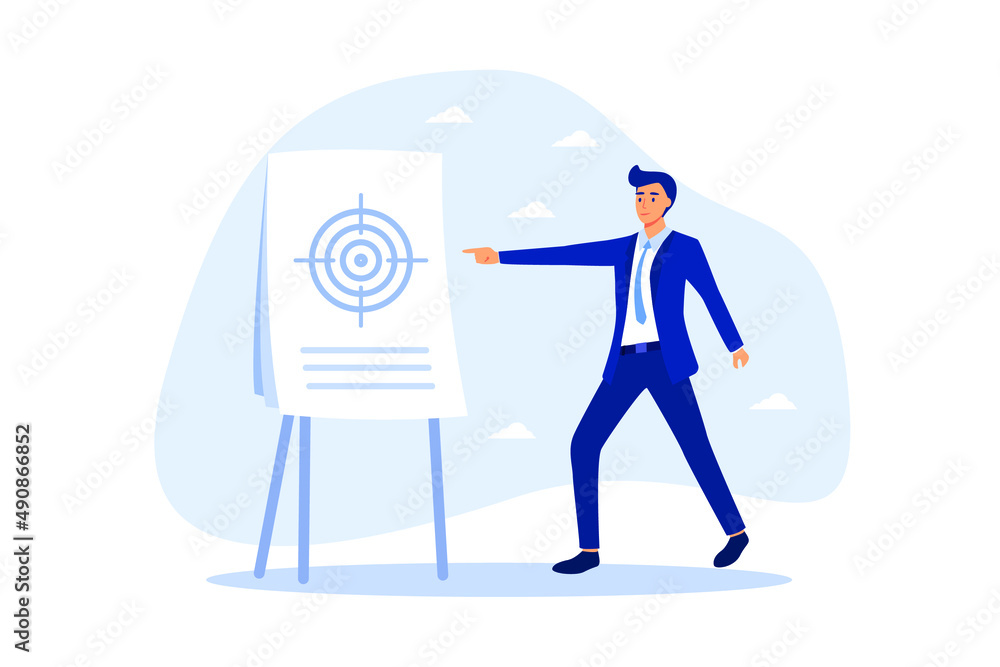 Scope of work, define work to be performed agreement document, plan or strategy in project management, goal and target concept, smart businessman project manager present scope of work in meeting. - obrazy, fototapety, plakaty 