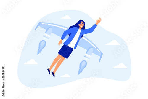 Success booster or accelerate career growth, woman power or lady leadership, speed up working progress or boost work ambition concept, confident businesswoman flying rocket booster or jetpack engine.
