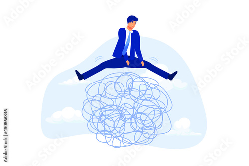 Avoid business trouble risk, smart thinking to overcome difficulty obstacle or emotional problem, solving problem concept, smart superpower businessman jump pass trouble metaphor of business crisis.