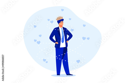 Narcissist people, extreme self involvement too much confident disorder, so proud attitude egocentric person, narcissism businessman admire himself and proud of his crown with love and stars around.