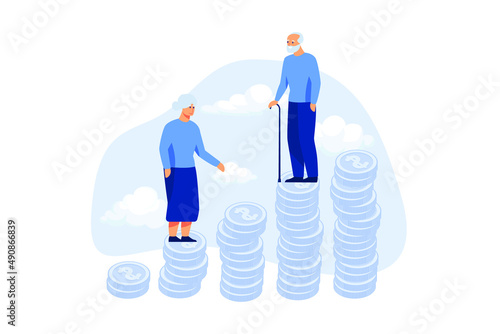 Retirement saving or investment pension fund, planning for wealth and expense for living after retire concept, happy rich elderly couple old man and woman walking on stack of growth money coins saving