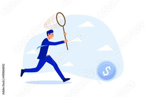 Chasing high performance active mutual fund, buying rising star stock or funds, catch or grab hot ETFs concept, businessman investor run chasing try to catch high performance attractive dollar coin.
