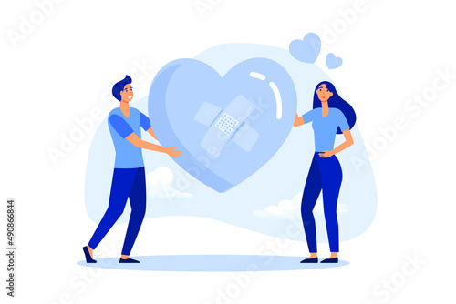 Forgiveness to keep relationship last long, togetherness or love couple concept, happy man and woman, husband and wife with bandage on broken heart shape as forgiveness symbol.