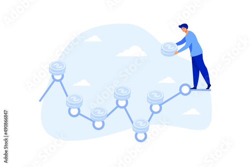 DCA, Dollar Cost Averaging investment strategy to put same amount of money every month to earn more wealth and profit concept, smart businessman investor holding coins stack put on every month period.