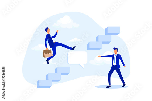 Expert advice or intelligence information to solve business problem, professional consultant or support giving solution concept, businessman expert with speech bubble help connect stairway to success. © Alwie99d