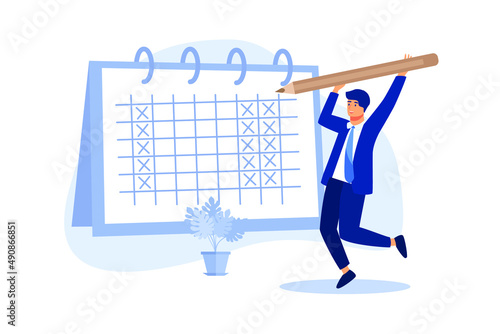 4 day work week, reduce working day to increase efficiency and productivity, flexible work day for employee benefit concept, businessman manager put holiday on calendar to make company 4 day work week