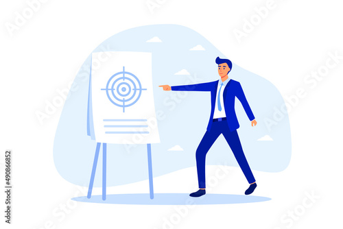 Scope of work, define work to be performed agreement document, plan or strategy in project management, goal and target concept, smart businessman project manager present scope of work in meeting. photo