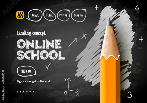 Online School web banner. Digital internet tutorials and courses, online education, e-learning. Doodle style