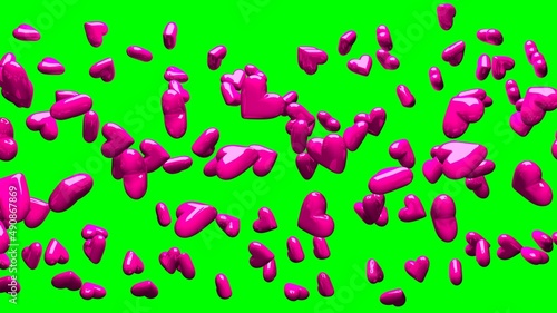 Pink hearts on green chroma key background. 3D illustration for background. 