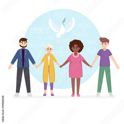 Concept of the human chain and solidarity with a group of aligned people. People for peace