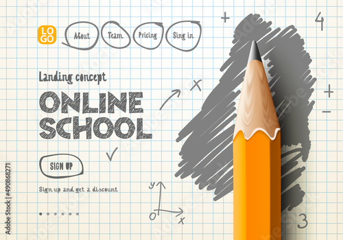Online School web banner. Digital internet tutorials and courses, online education, e-learning. Doodle style photo