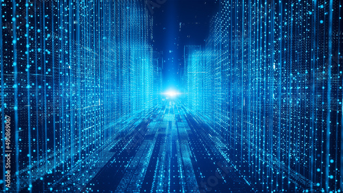 Digital cyberspace city with particles and digital data network connections concept.The smart city of Futuristic technology internet and big data.