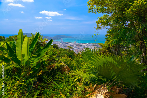 Buddah temple with beautiful views from top of mountain of Patong Phuket Thailand. Buddha religious building with lovely colours in the sky