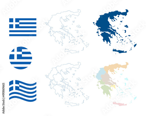 Greece map. Detailed blue outline and silhouette. Administrative divisions and decentralized administrations. Country flag. Set of vector maps. All isolated on white background. Template for design.