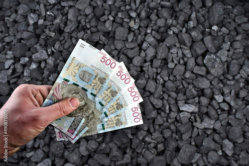 Polish currency showed on coal of mine deposit mineral resources background