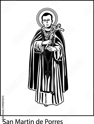 Vertical illustration of Saint Martin de Porres on the white background.