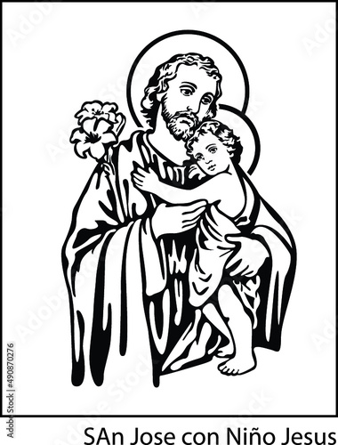 Vertical illustration of saint Joseph and child Jesus on the white background.