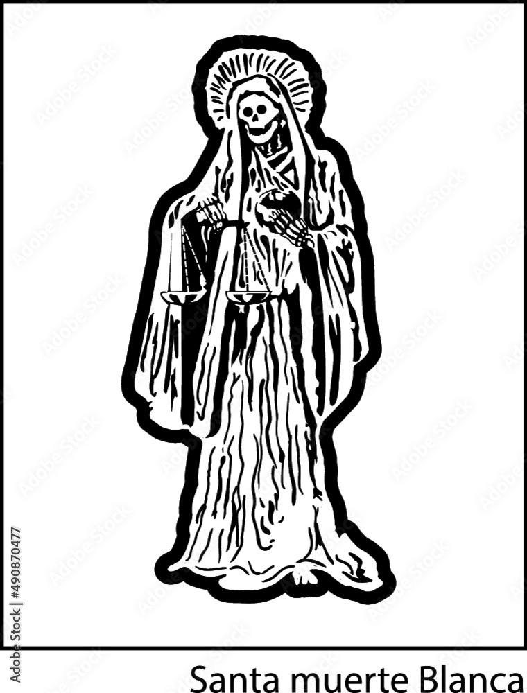 Vertical illustration of the Santa Muerte cult on the white background
