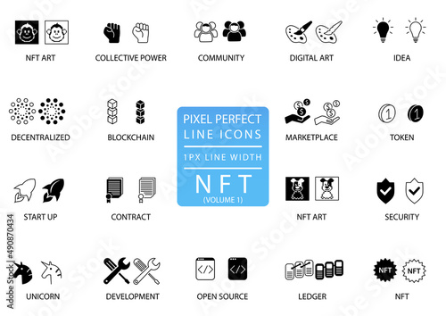 Pixel perfect vector icon set for NFT Non-Fungible Token concept.