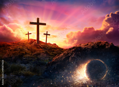 Fototapeta Resurrection - Crosses And Empty Tomb With Crucifixion At Sunrise And Abstract D