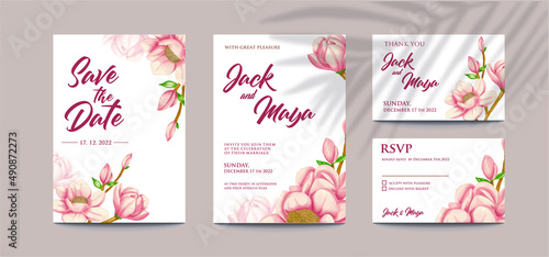 Pink wedding invitation with magnolia  flower watercolor template