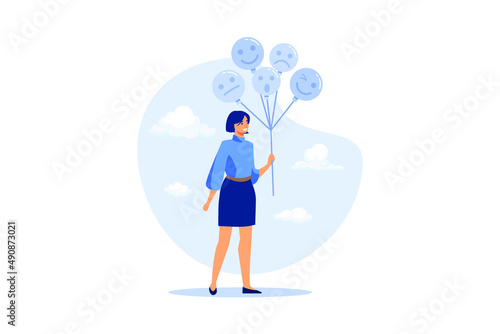 Emotional control and self regulation, stressed management or mental health awareness, feeling and expression concept, calm woman holding balloons with emotion or expression faces, happy, sad or fear.