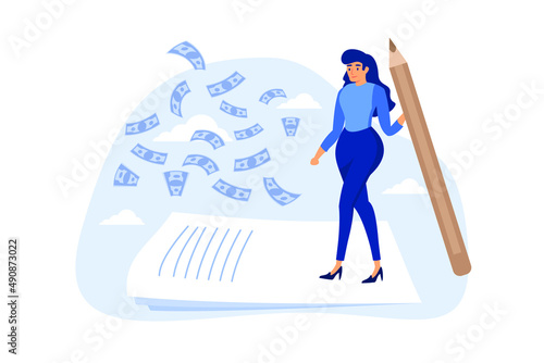 Make money from writing blog online, monetize content, get income or earning from affiliate links concept, success freelance woman blogger or writer catching money banknotes fall from the sky.