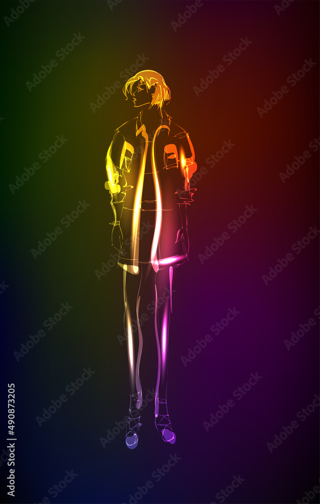 Hand-drawn fashion model from a neon. A light girls. Fashion girls. Stylish fashion model. Fashion woman Hand-drawn fashion model from a neon. A light girls. Fashion girls. Stylish fashion model. Fashion woman