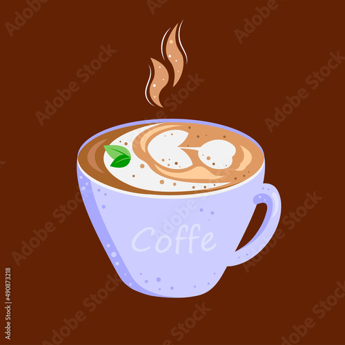 blue cup of fragrant coffee with foam