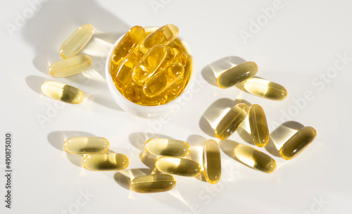 Food supplement oil filled fish oil, omega 3, omega 6, omega 9, vitamin A, vitamin D, vitamin E, flaxseed oil. 