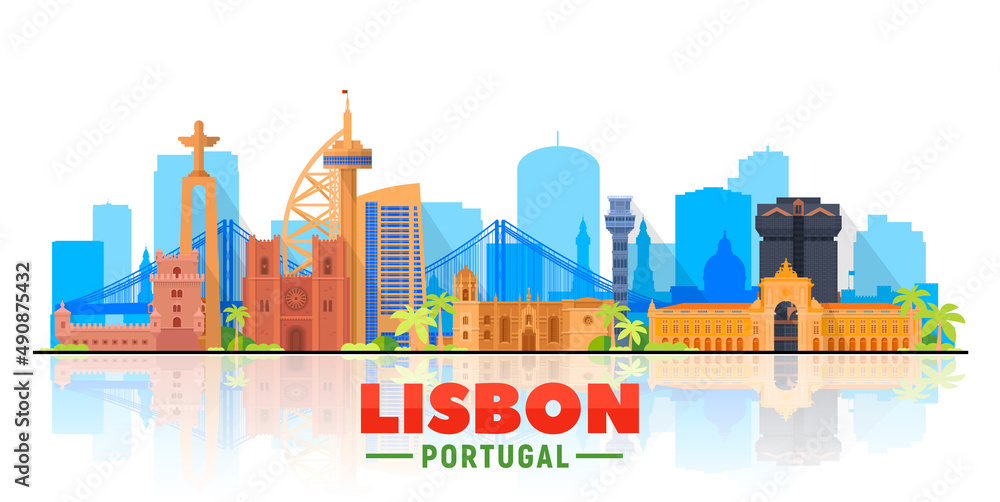 Lisbon ( Portugal ) skyline with panorama in white background. Vector Illustration. Business travel and tourism concept with modern buildings. Image for presentation, banner, website.