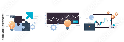 Problem solving metaphors and effective teamwork, strategic business planning and digital tablet computer analyzing sales data concept flat vector illustration.
