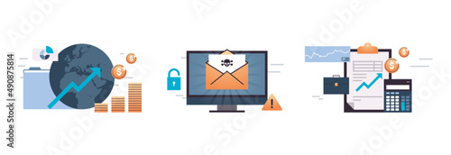 Economic development analyzing sales data, cyber crime and business finance management concept flat vector illustration.
