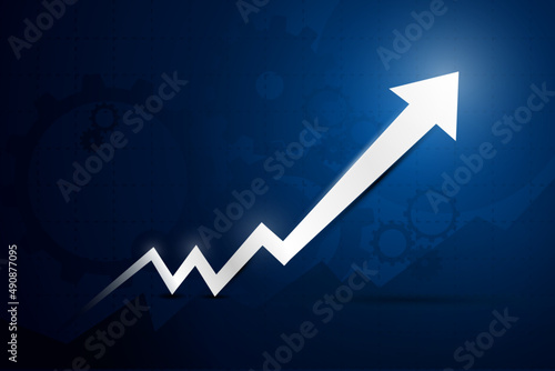 arrows and candlestick chart business of stock market trading on blue background bullish point up trend chart Economic vector design. blue background photo
