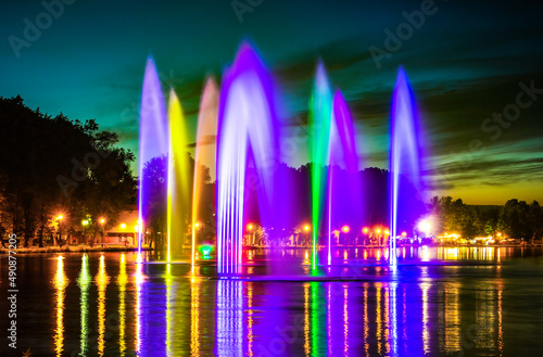 Colorful fountains, The Nowa Huta Lagoon, Krakow, Poland