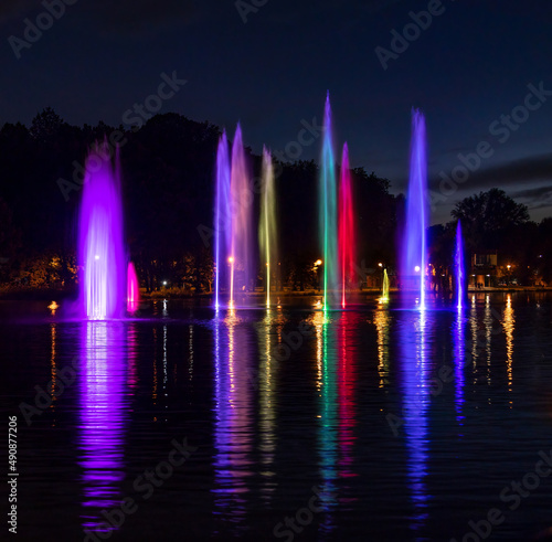 Colorful fountains, The Nowa Huta Lagoon, Krakow, Poland