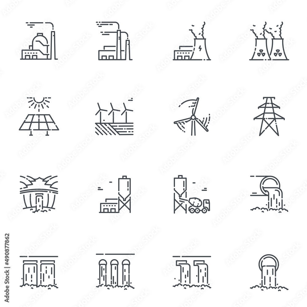Vector power supply and electricity line icon set isolated on transparent background.