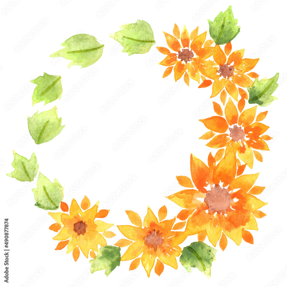 Sunflower with leaves wreath watercolor for decoration on summer garden and flower of Ukraine.