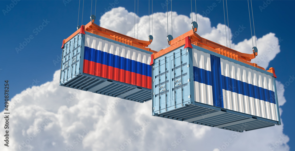 Cargo containers with Russia and Finland national flags. 3D Rendering 