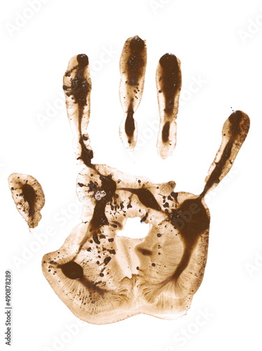 Hand print in mud isolated on white, with clipping path