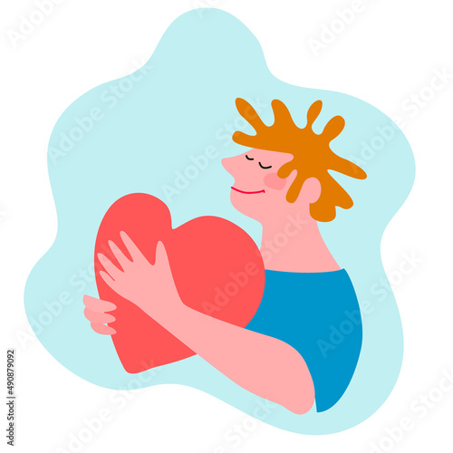 Cartoon style illustration of a young man hugging her chest to support her mental or heart health
