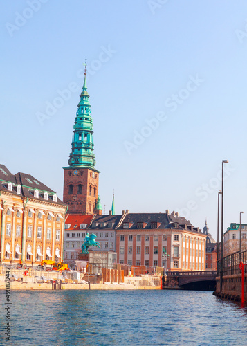 Saint Nicholas church and water canal in Copenhagen Denmark .  Copenhagen downtown view © russieseo