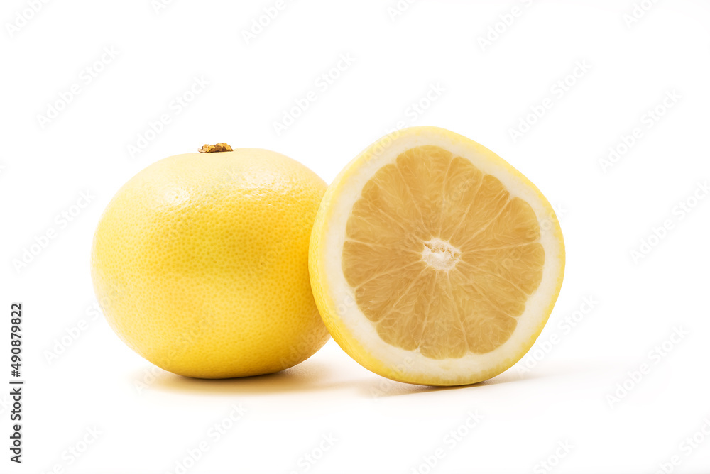 Isolated Yellow grapefruits. Whole Yellow grapefruit and slice of fresh grapefruit isolated on white background with clipping path Isolated Yellow grapefruits. Whole Yellow grapefruit and slice of fresh grapefruit isolated on white background with clipping path