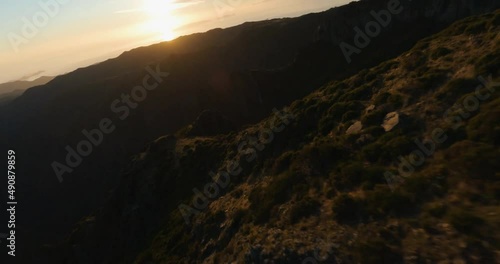 FPV drone over mountains at sunset in madeira island
