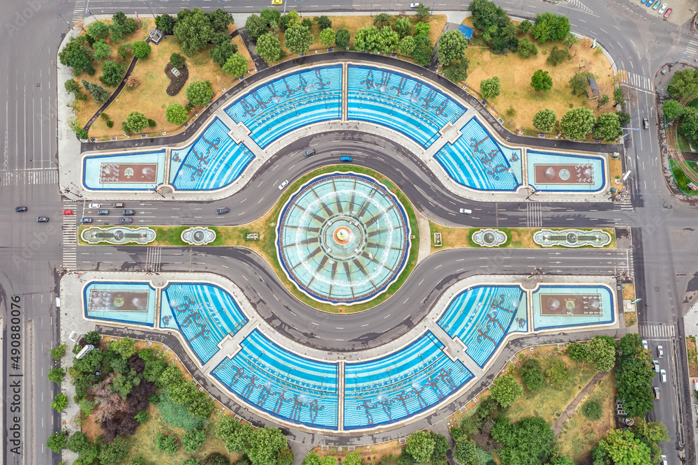 The Fountain in Piata Unirii Square in Bucharest Capital of Romania seen from above