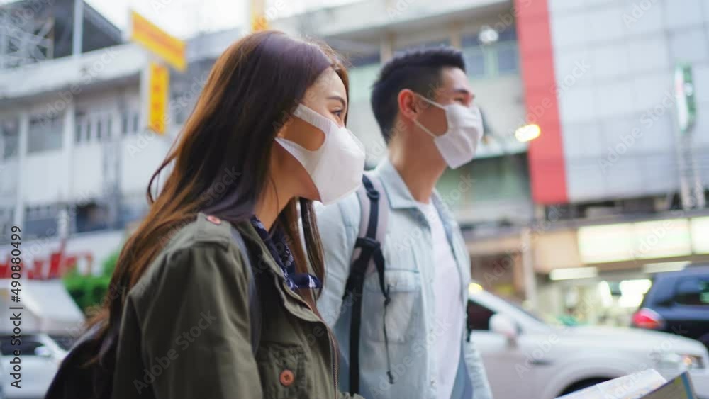 custom made wallpaper toronto digitalAsian romantic couple wear mask, travel in the city for honeymoon trip.
