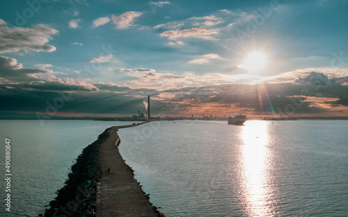 Photography Aerial view of Poolbeg Lighthouse the famous red landmark in Dublin Harbor Irela