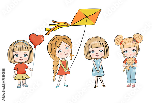 Cute little girl with kite and balloon heart. Vector cartoon illustration isolated on white background. Collection of colorful kids