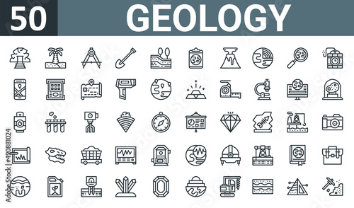 Canvas Print set of 50 outline web geology icons such as mine, island, compass, shovel, earth, clipboard, volcano vector thin icons for report, presentation, diagram, web design, mobile app